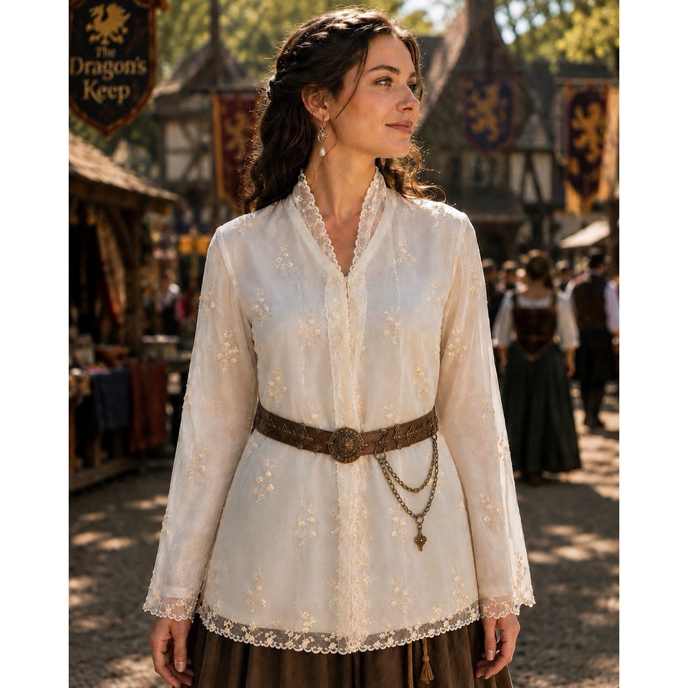 VTG Ivory Embroidered Blouse Renaissance Fairycore Whimsigoth Cottagecore PP49